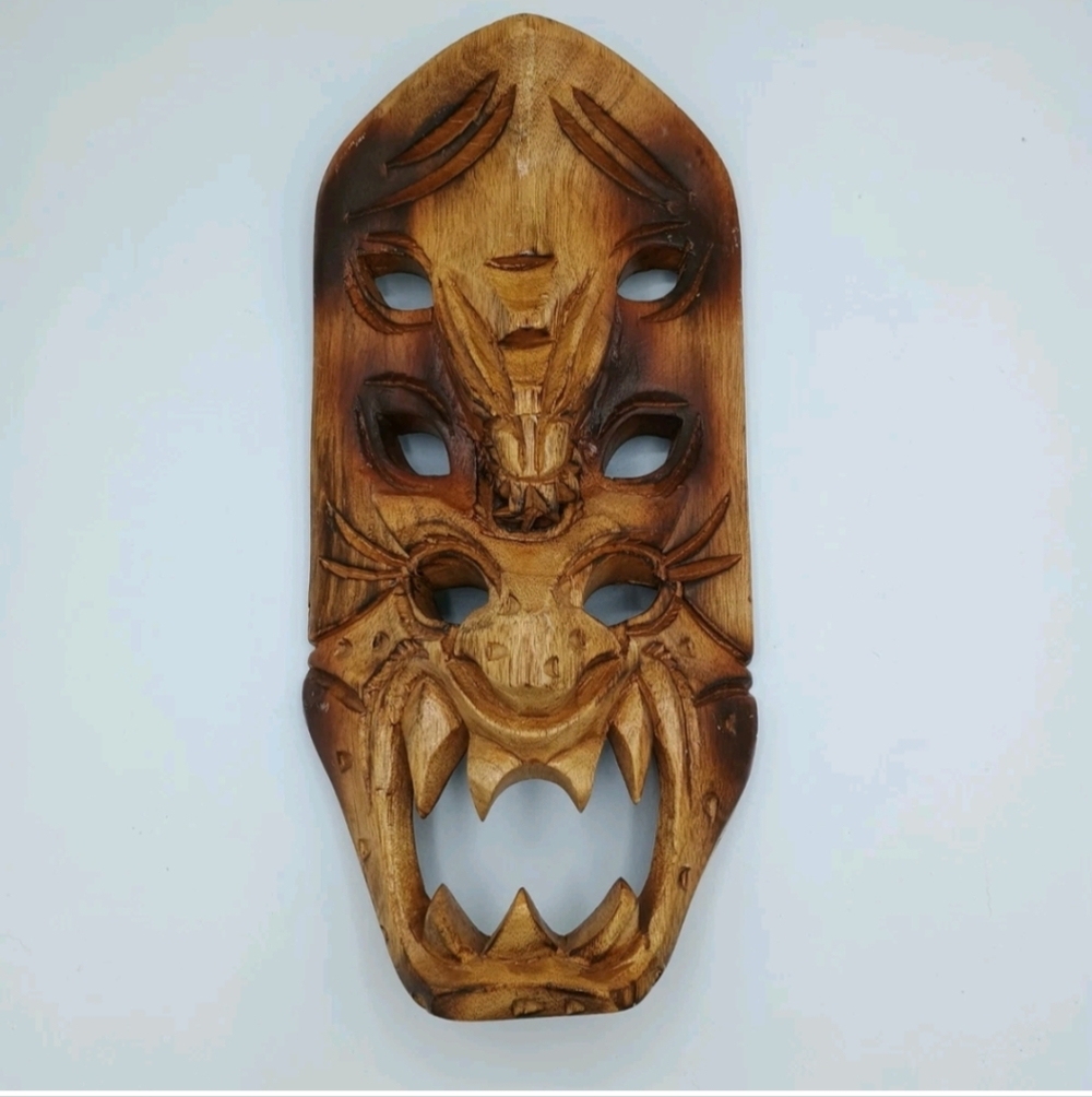Hawaiian Tiki Wood Tribal Dragon Handcrafted Carved Mask